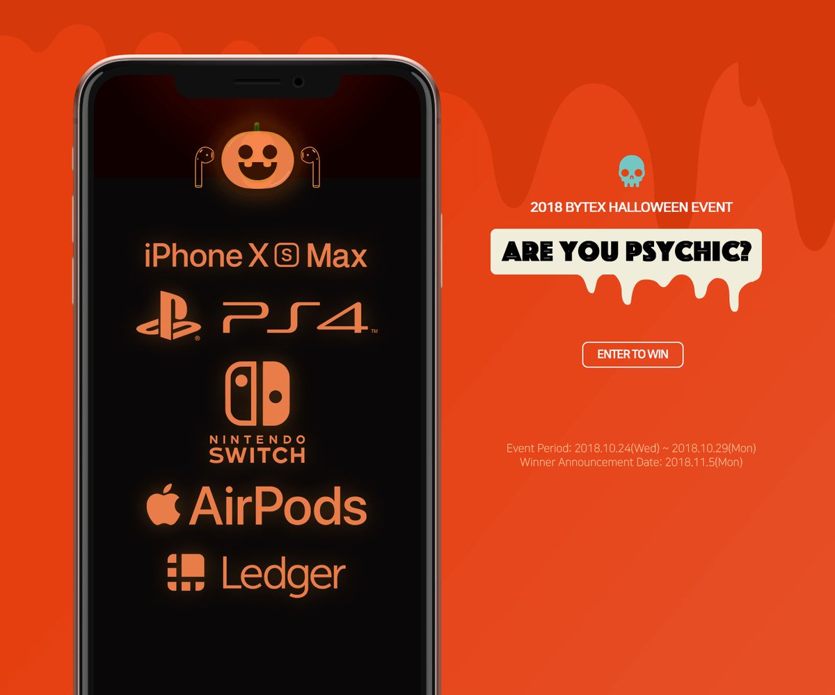 Bytexio's tweet image. Make a prediction on BTC price &amp;amp; win a prize!
Giveaways are #iPhoneXSMax, #PS4, #NintendoSwitch, #AirPods!

▶talk.events/bhwevt

#bytex #Halloween2018 🎃
