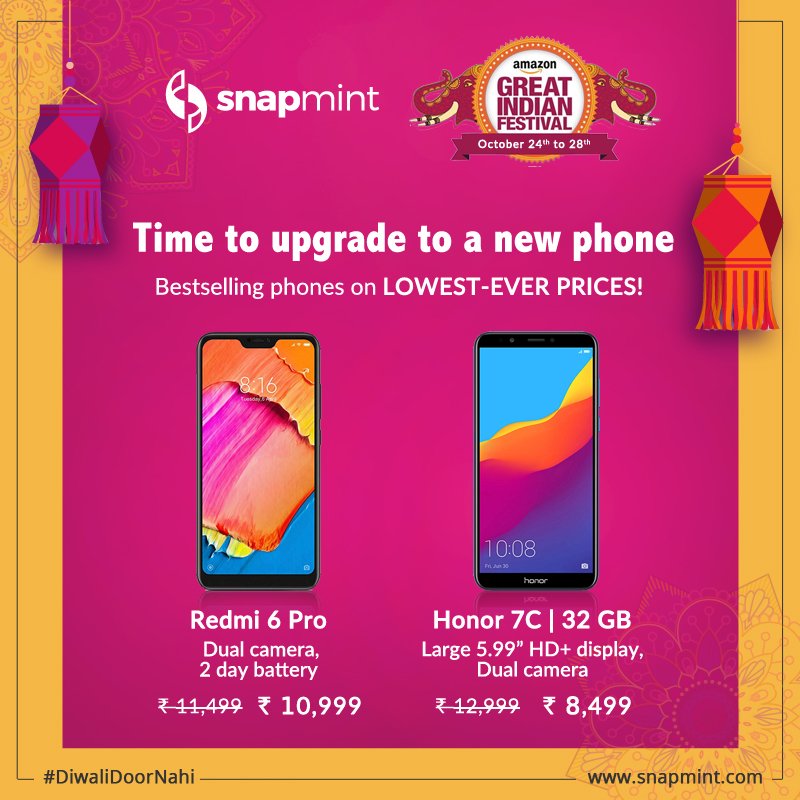 SnapmintEmi's tweet photo. The #AmazonGreatIndianFestival is back! Shop your favourite phones at LOWEST PRICE EVER. Buy now and pay later in easy, equal installments without credit card. Shop now: https://t.co/iUrRYjLpkH #Snapmint #Redmi #Honor #AmazonFestivalIsBack #DiwaliDoorNahi #ShopWithoutCreditCard https://t.co/TIwuAe6x6t