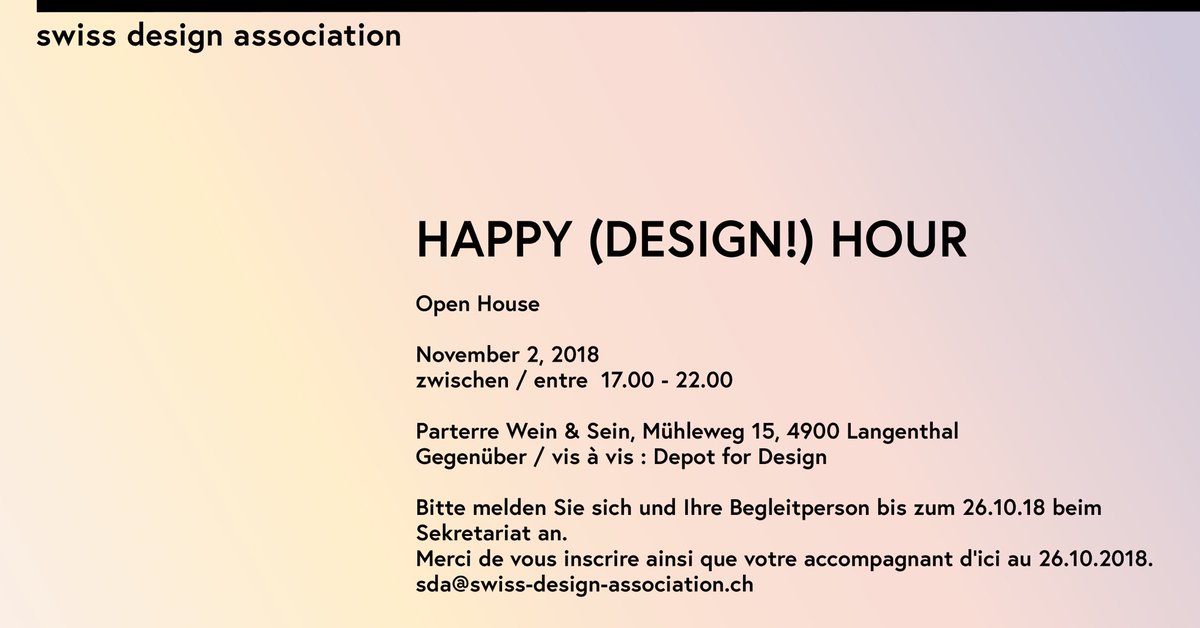 We are glad to invite you at the SDA Happy (Design!) Hour on November 2 and thus, conclude together the Preview of the Designers' Saturday, in Langenthal.
Please register until Friday October 26 by email: sda@swiss-design-association.ch