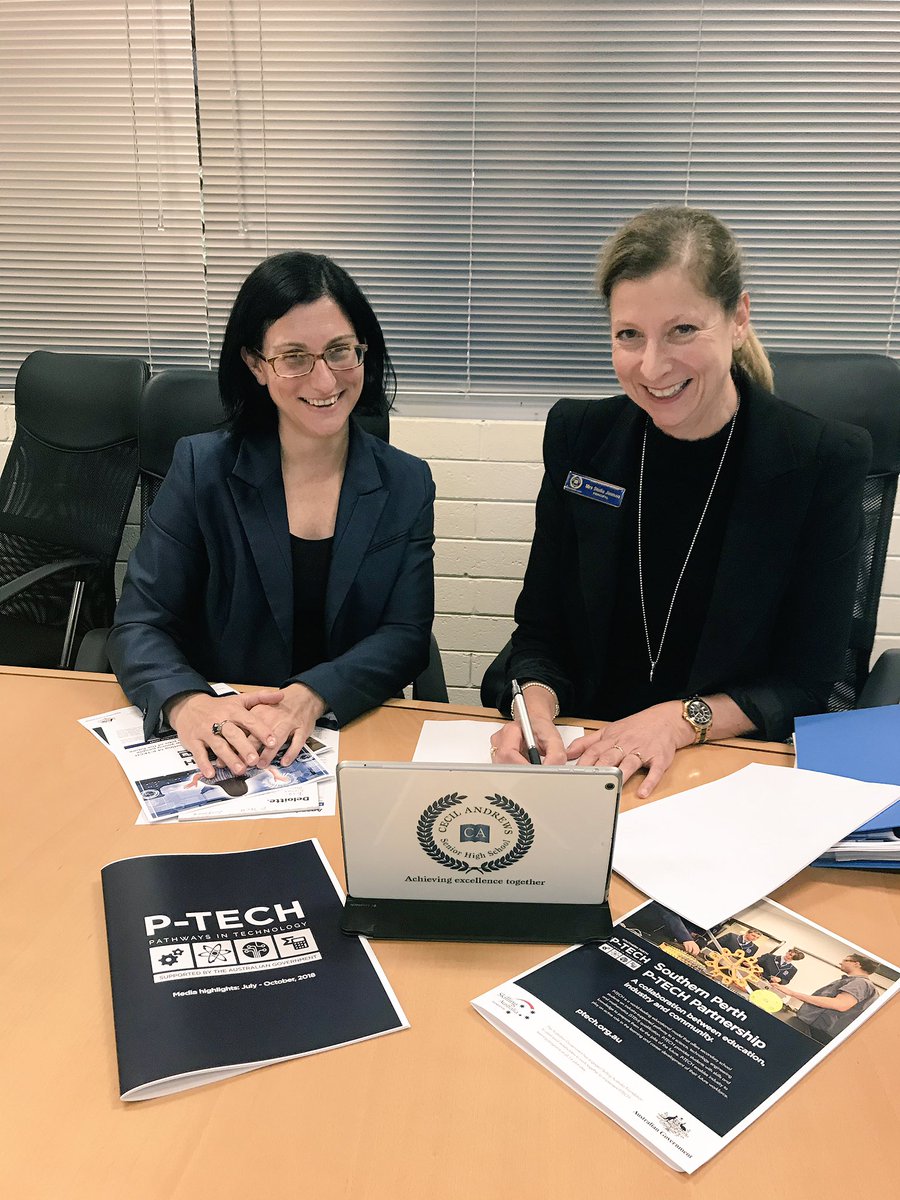 Principal Jinman joined with Michelle from <a href="/Green_Dot/">Deloitte Australia</a> to officially welcome Deloitte as a Partner in our Southern Perth <a href="/ptechaustralia/">P-TECH Australia</a> program. Deloitte have been wonderful providing students with advice and workshops preparing them for their future. #STEM #peopleandperformance