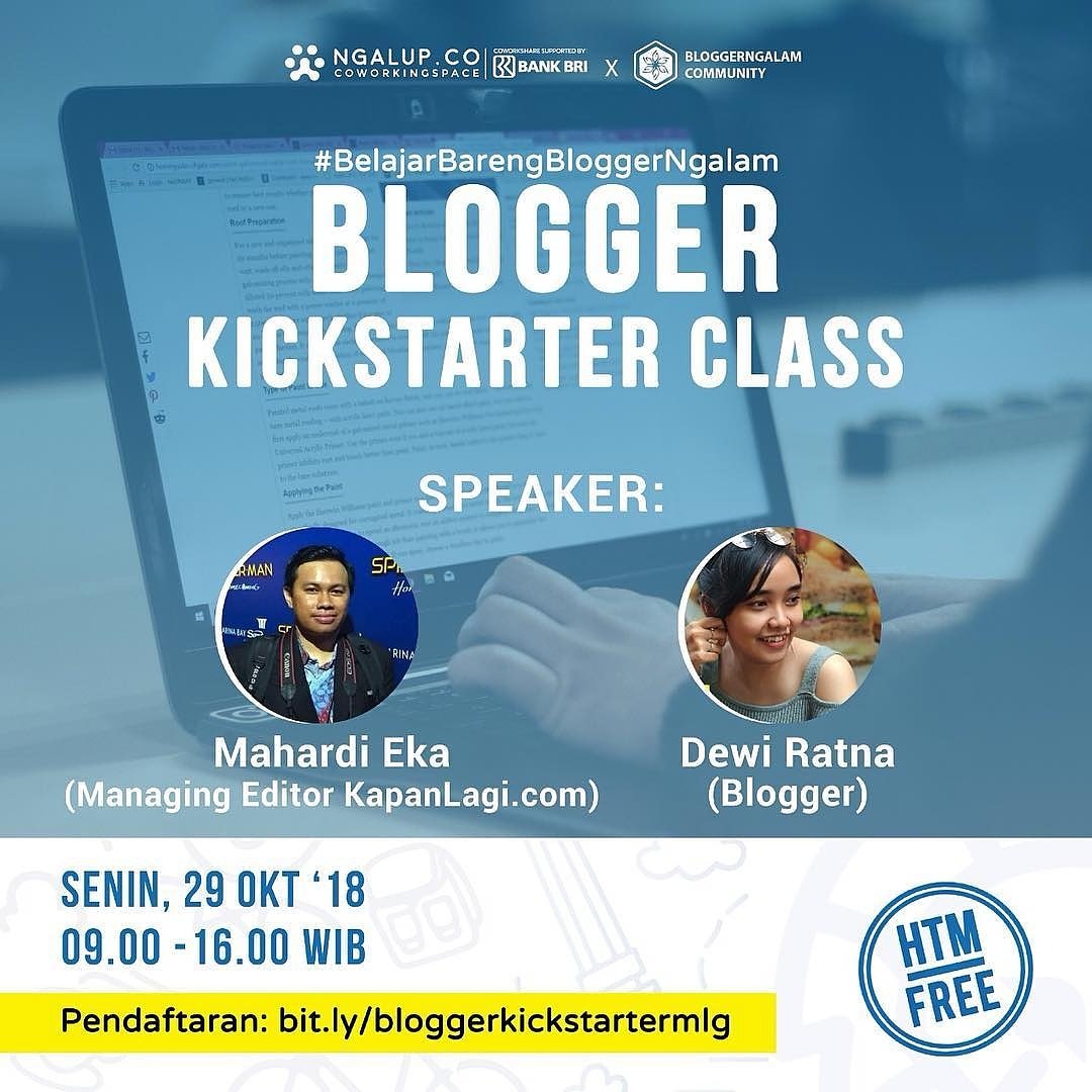 #belajarbarengbloggerngalam bersama Mahardika Eka (Managing Editor Kapanlagi.com), Dewi Ratna  <a href="/bloggerngalam/">Blogger Malang Raya</a> 

📆 : Senin, 29 Oktober 2018
⏰ : 09.00 - 16.00 WIB
📌 : Ngalup Coworking Space Jl. Sidomoro Perumahan D’Wiga Regency, Malang

👉 bit.ly/bloggerkicksta…