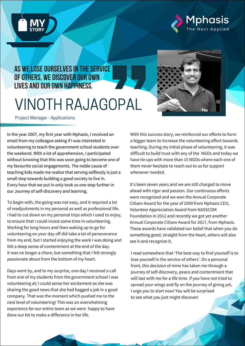 LifeatMphasis's tweet photo. We make a living by what we get, but we make a life by what we give. Learn more on discovering fulfillment through volunteer efforts with Vinoth Rajagopal. https://t.co/kqkuIQc9R4