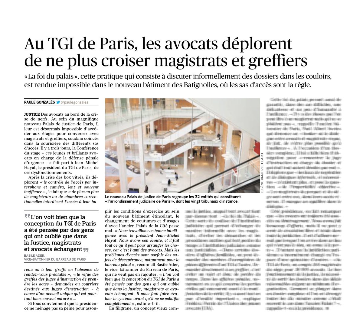 VictorMollet's tweet photo. ⚖️

AU TGI DE PARIS, LES AVOCATS DÉPLORENT DE NE PLUS CROISER MAGISTRATS ET GREFFIERS

"L'on voit bien que la conception du TGI de Paris a été pensée par des gens qui ont oublié que dans la Justice, magistrats et avocats échangent"

#Droit #Justice #Avocats #Magistrats https://t.co/yWbWx1gIjK