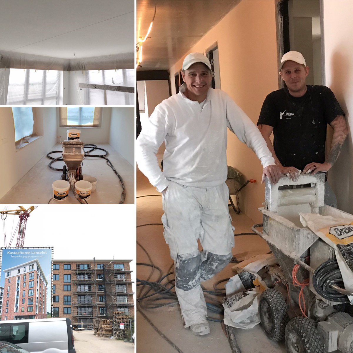 BranderNL's tweet photo. Stoere spuitpleister-ridders Edwin Prins en Danny van Straten (Muurtooi Hoorn) gespot in woontoren Lancelot op het prestigieuze nieuwbouwproject “Kasteeltorens Scholtens Oegstgeest”. Brander Crystal en Crystal-KV (RAL9010). Brander Facebook: https://t.co/VraudIRhyw  @EPeschar https://t.co/2mcVBQMUK2