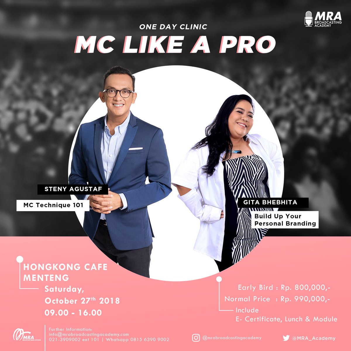 Daftarkan diri Anda sekarang untuk ikutan One Day Clinic - MC Like A Pro. Berbagai tips seputar MC Technique 101 dan Personal Branding akan dibagikan oleh <a href="/stagustaf/">StAgustaf Training</a> dan <a href="/gita_bhebhita/">Gita butar2</a> dari <a href="/MRA_Academy/">MRA Broadcasting Academy</a>
#MRABroadcastingAcademy #OneDayClinic #MCLikeAPro