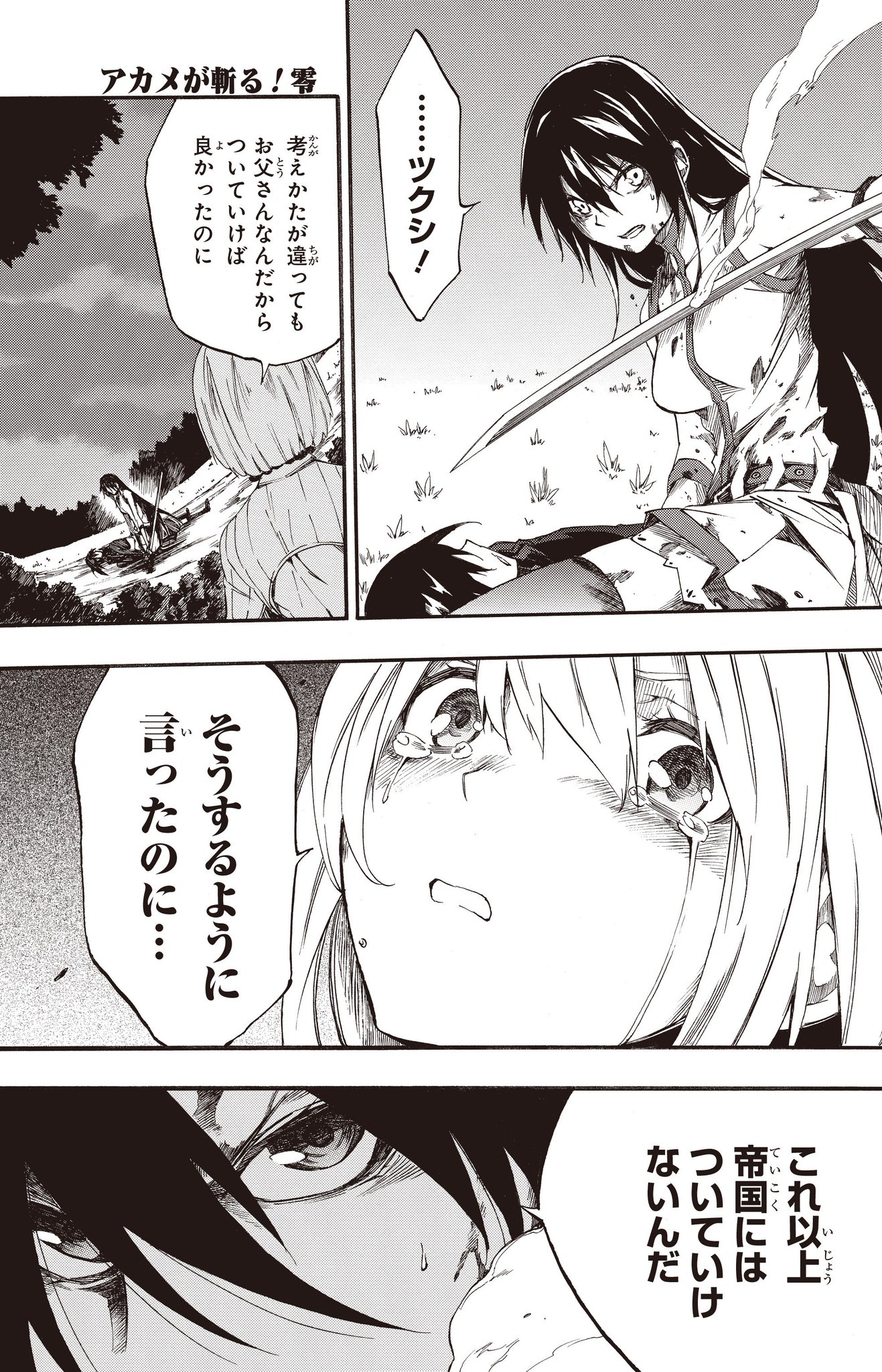 月刊ビッグガンガン Auf Twitter 大人気コミック アカメが斬る 零 の最新話が 25日発売のビッグガンガンvol 11に掲載されます ついに訪れたゴズキとの死闘の末 帝具 村雨 を手にしたアカメ しかしそれは同時に 誰よりもゴズキを慕っていたツクシとの決別を