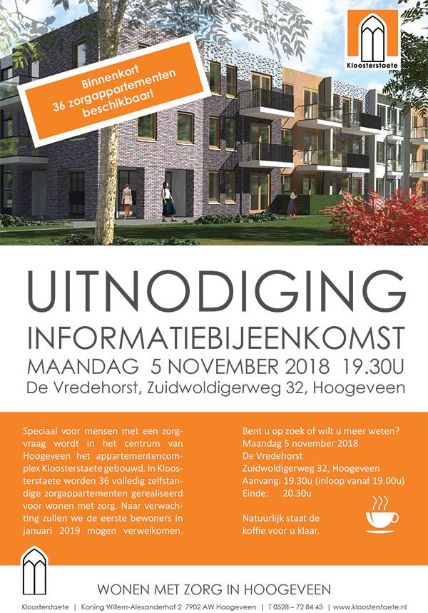 Speciaal voor mensen met een zorgvraag wordt in het centrum van Hoogeveen het complex Kloosterstaete gebouwd. Hier worden 36 volledig zelfstandige zorgappartementen gerealiseerd. 
Kom naar de informatiebijeenkomst op 5 november a.s.! #wonenmetzorg