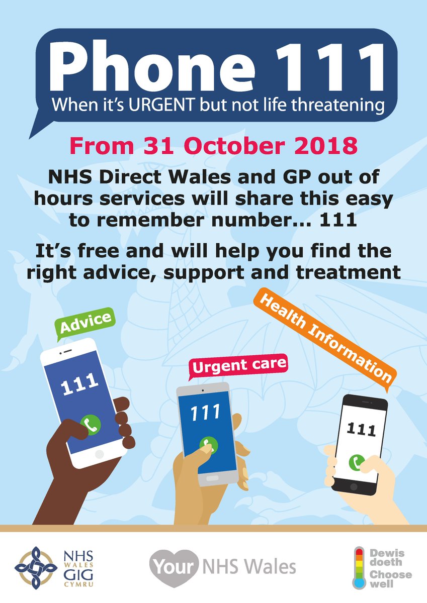 From 31/10/18 in Hywel Dda, NHS Direct Wales &amp; GP Out Of Hours Services will share this new number ... 111
It’s free &amp; will help you find the right advice, support &amp; treatment.
For life-threatening conditions that need immediate medical attention call 999 bit.ly/2R7Ih8P