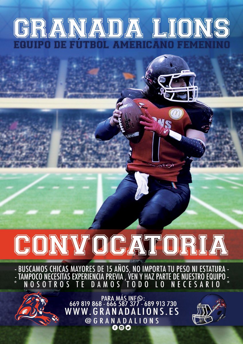 GranadaLions's tweet photo. Granada Lions femenino, competición,esfuerzo,compromiso, satisfacción, todo en uno, te esperamos de 20:30 a 22:30 en el campo municipal de Maracena junto go fit. 

Si quieres más información puedes preguntar en los teléfonos del cartel. 

666 58 73 77 
669 81 98 68 https://t.co/MLe6llYNzt