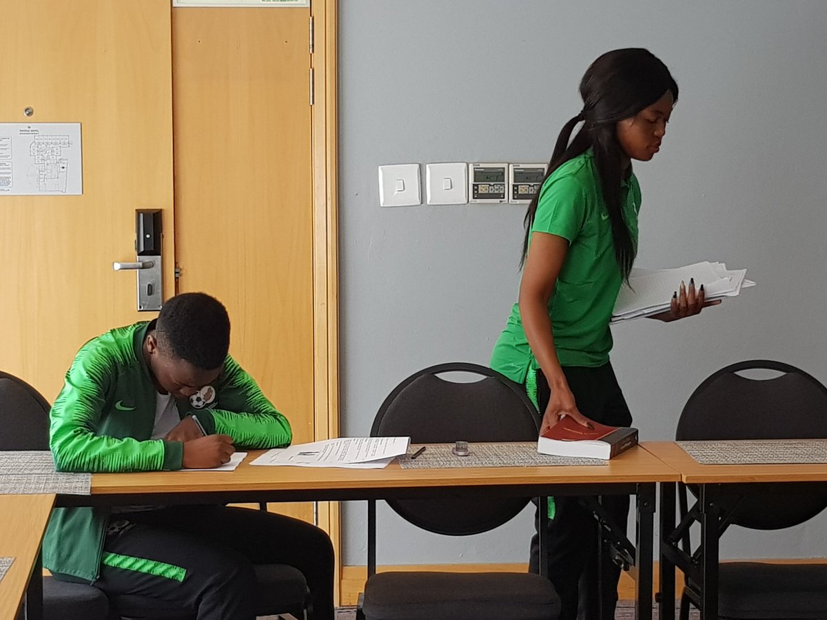 SAFA_net's tweet image. Bantwana captain Sibulele Holweni and Karabo Dlamini writing their Zulu exam this morning with Invigilator Palmer @Banyana_Banyana