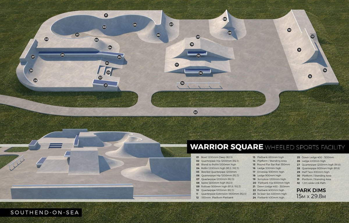YourSouthend's tweet photo. News: Plans for a new skatepark in central Southend have been put forward by Southend Council!

The Council approved £250k of funding earlier this year for the “wheeled sports” park on the site of the former Warrior Square swimming pool.

What do you think of the plans? https://t.co/3p3Xbpp4dl