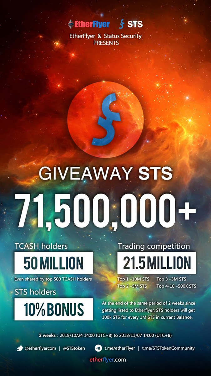 etherflyercom's tweet image. 50M STS to be even shared by top 500 TCASH holders who has TCASH asset in EtherFlyer. @STStoken #ETHEREUM #tokens
STS Trading Contest –will run for the first 2 weeks from getting listed. Users with highest trading activity shall get as the following link:
etherflyer.zendesk.com/hc/en-us/artic…