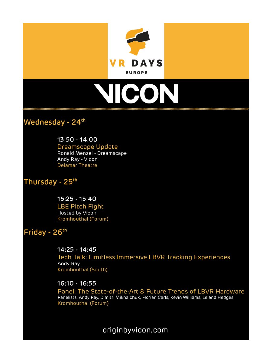 Vicon's tweet image. Thanks again to our friends at @VisitDreamscape for inviting us to share the stage at @VRDays and present the #OriginbyVicon tech that is powering their new #LBVR experiences!