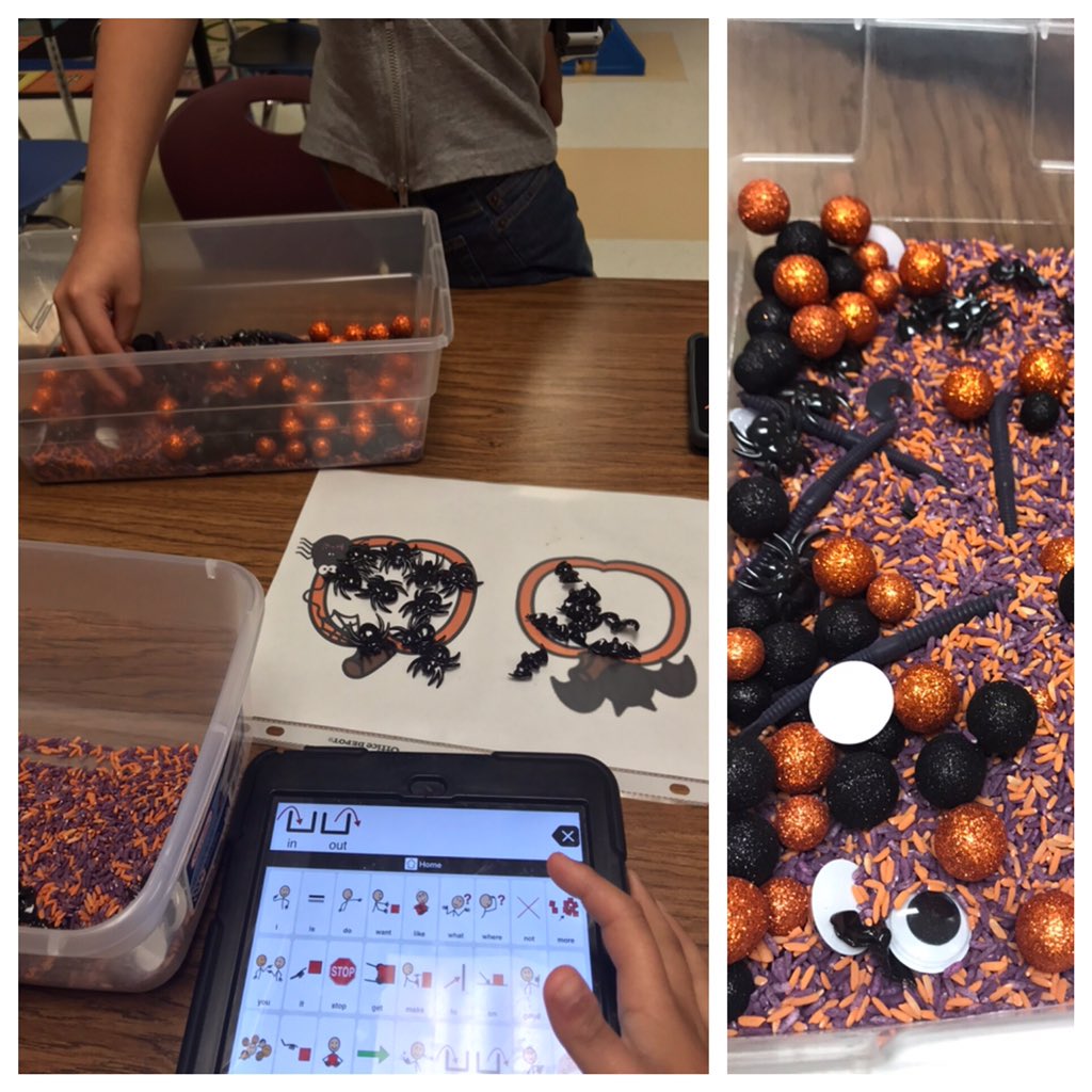 arkfeldj's tweet photo. Take OUT the spiders and bats. Loving these sensory bins! #corewordoftheweek #OUT #spedstrong #AAC #schoolslp #castleberryisd #joyjames #everyonedeservesavoice https://t.co/K6jrg87Dzi