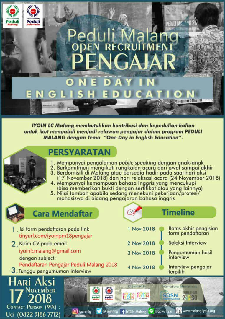 [OPEN RECRUITMENT PENGAJAR PEDULI MALANG 2018]

Arek Malang siap beraksi! 

Media Informasi :
Line : @adw7129i
Twitter: <a href="/iyoinmlg/">IYOIN LC Malang</a>
Instagram: iyoinmlg
Facebook Fanpage: IYOIN Malang
Website: malang.iyoin.org
E-mail: pr.iyoinlcmalang@gmail.com