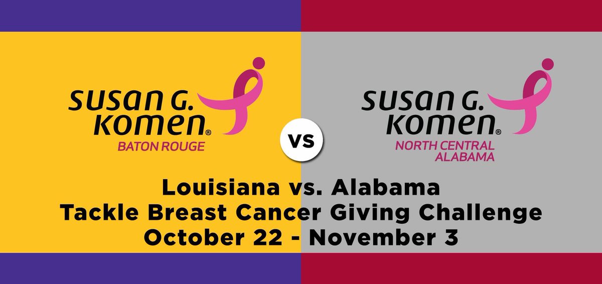 Where are our #AlabamaFootball fans? We've been challenged by @KomenBatonRouge to raise $$ for our affiliates.  Help save lives in #Alabama & tackle #BreastCancer with this #givingchallenge! komenncalabama.org/2018-giving-ch… #savelives #morethanpink #KomenAL #BreastCancerAwarenessMonth