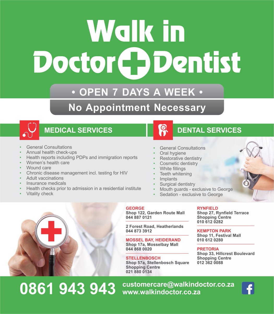 stbsquare's tweet photo. The Walk in Doctor &amp; Dentist at #StellenboschSquare is open 7 days a week and offers a range of health services! No appointment necessary. Contact them at 021 880 0134 or simply visit them now! #stbsquare #stellenbosch #healthcheck #dentistry #doctor https://t.co/U5tXiLsnNJ