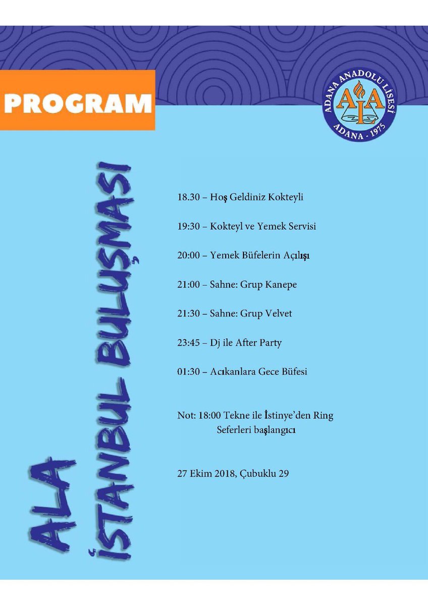 27 Ekim Çubuklu 29 ALA İstanbul Buluşması program detayları 😊 Görüşmek üzere 🤗 #27Ekim2018 #ALAistanbulbuluşması2018 #ALAtogether #ALAcumhuriyetbalosu