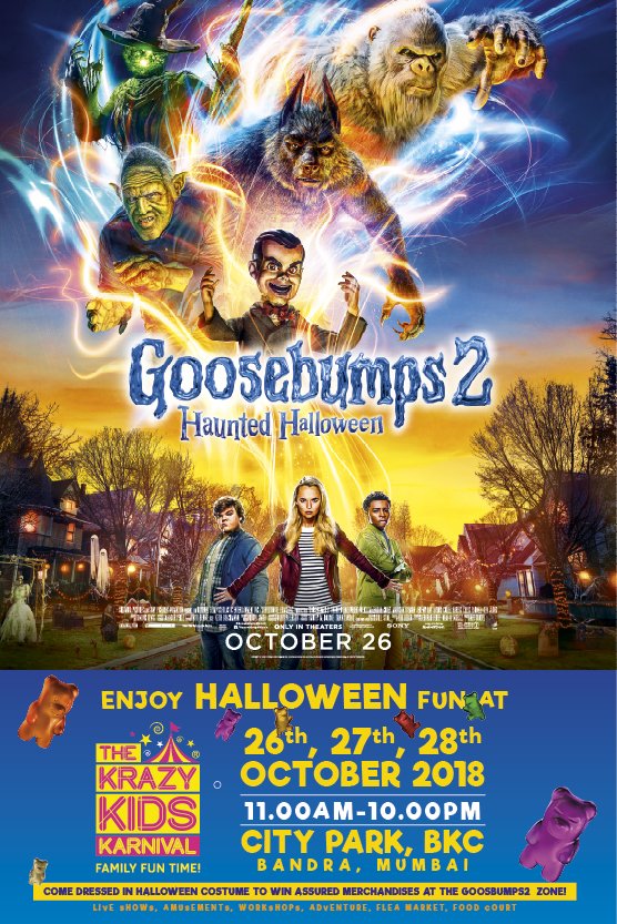 SonyPicsIndia's tweet photo. Goosebumps 2 is bringing Halloween to life by partnering with The @KrazyKarnival on 26th, 27th, &amp; 28th Oct!
Experience a #FamilyFunTime by attending the #Goosebumps2Movie Halloween party. https://t.co/qWz76yVYQv