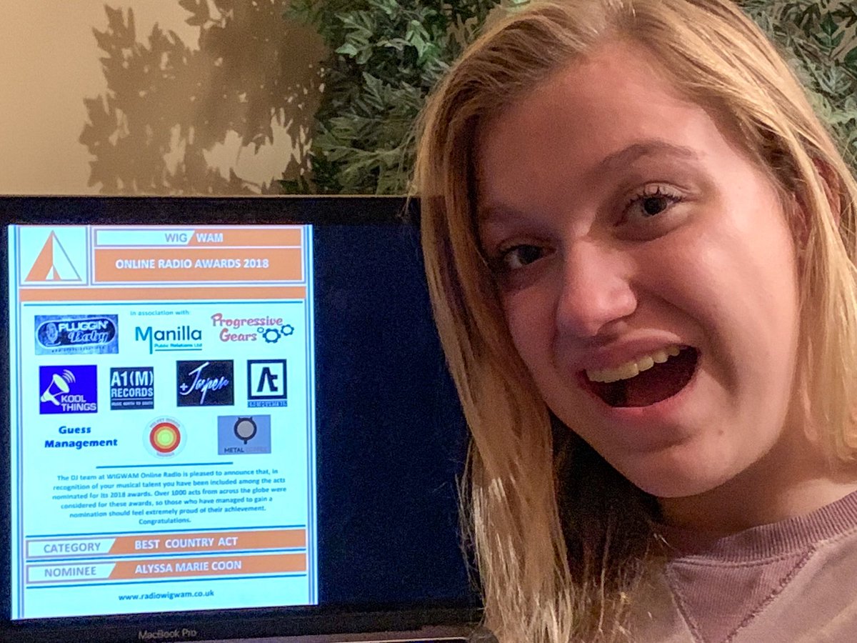 AlyssaMarieCoon's tweet photo. Honored to be nominated as best #countryact for @Radio_WIGWAM #onlineradioawards2018 
..
#onlineradioawards #award #airplay #music #country #Radio #IndieMusic  #countrymusic #Singersongwriter #Vocalist #RecordingArtist #Artist #ArtistLife #allyfans #amcrocks #alyssamariecoon https://t.co/99BRiZKxKV