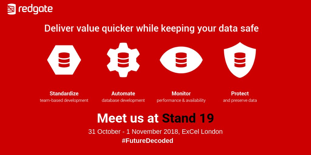 redgate's tweet photo. One week to go until the oversubscribed #Microsoft #FutureDecoded at #ExCel #London. It’s a great chance for you to learn about #Compliant #DBDevops at Stand 19. See you there! https://t.co/Ypc48SVNyE