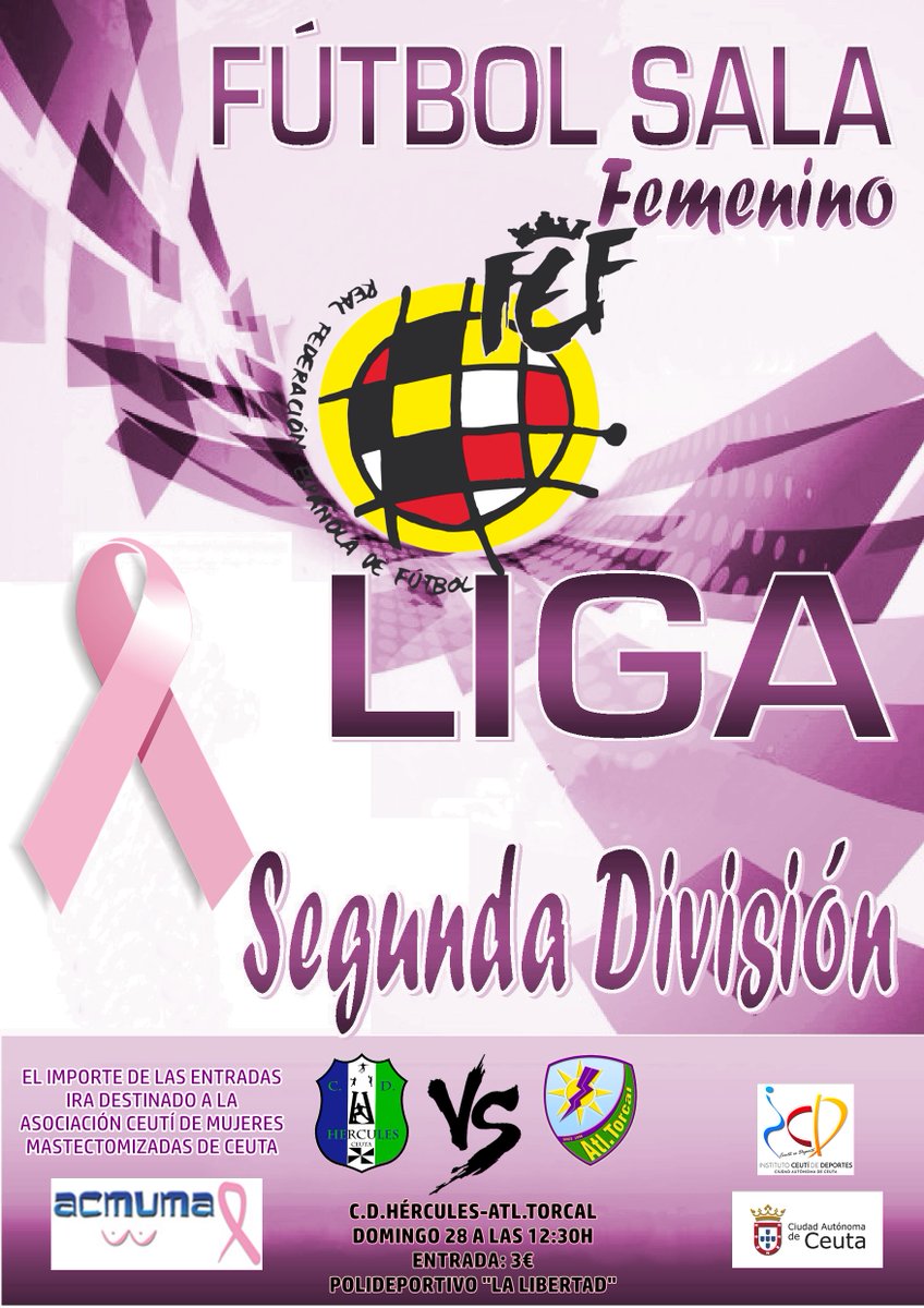 El Domingo 28 a las 12:30H en el polideportivo"La Libertad" tienes una cita con nosotros y contra el cáncer de mama,el <a href="/CeutaCd/">CD HERCULES DE CEUTA</a> se enfrenta al <a href="/AtleticoTorcal/">Nueces de Ronda Atlético Torcal</a> , coste de entrada 3€ que irán destinados a la Asociación Ceuti de Mujeres Mastectomizadas ACMUMA