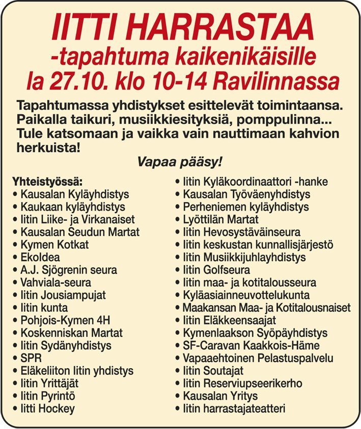 Lauantaina 27.10.2018 Iitti harrastaa -tapahtuma kaikenikäisille! Tapahtumassa yhdistykset esittelevät toimintaansa. Paikalla taikuri, musiikkiesityksiä, pomppulinna... Tule katsomaan ja vaikka vain nauttimaan kahvion herkuista! iitti.fi/iitti-harrasta…