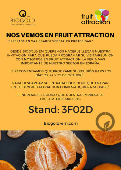BIOGOLDEM's tweet photo. Con esta invitación puedes conseguir tu pase para #FruitAttraction y programar tu reunion con nosotros. Te esperamos en el stand 3F02D - Descubre el mundo de las variedades vegetales protegidas de la mando de Biogold EM #FruitAttraction10years #FruitAttraction2018 #Frutas https://t.co/UlHNrPXiyH