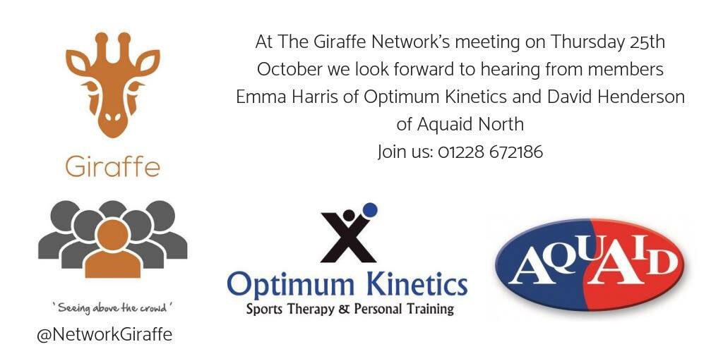 Join us Thursday 25th October - coffee served from 6.30am, meeting 7-8.15am. Speakers this week inc Emma Harris of Optimum Kinetics and David Henderson of Aquaid #networking #Carlisle