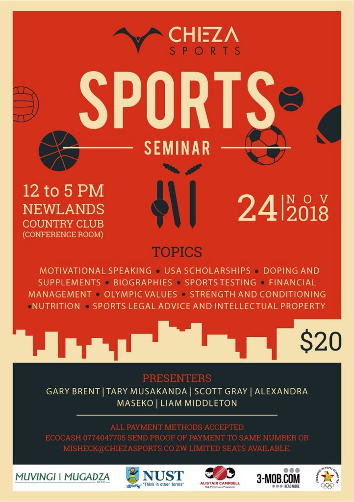 We are pleased to present to you the ultimate sports seminar on the 24th of November.A number of topics will be discussed,follow thread for more info <a href="/tary_t31/">Tary Musakanda</a> <a href="/AlexandraMaseko/">Alexandra Maseko</a> <a href="/GaryBrent103/">Gary Brent</a> <a href="/kwirirayi/">larry kwirirayi ✍📔</a> <a href="/ThreeMenOnABoat/">3-mob.com</a> <a href="/ACHPP1/">Alistair Campbell HPP</a> <a href="/nustzim/">NUST ZIM</a> <a href="/ZimCricketv/">Zimbabwe Cricket</a> <a href="/undercoverzimbo/">Zim Undercover Agent</a>