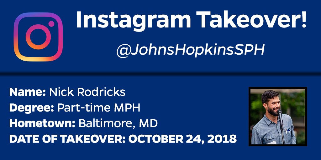 TODAY: Nick Rodricks, part-time MPH student (<a href="/JohnsHopkinsEHE/">JohnsHopkinsEHE</a>) and co-leader of <a href="/Nov_Proj_Balt/">NovemberProject Balt</a> is taking over our Instagram account! Follow us at <a href="/JohnsHopkinsSPH/">Johns Hopkins Bloomberg School of Public Health</a> and see what a day in Nick's life is like: instagram.com/johnshopkinssph