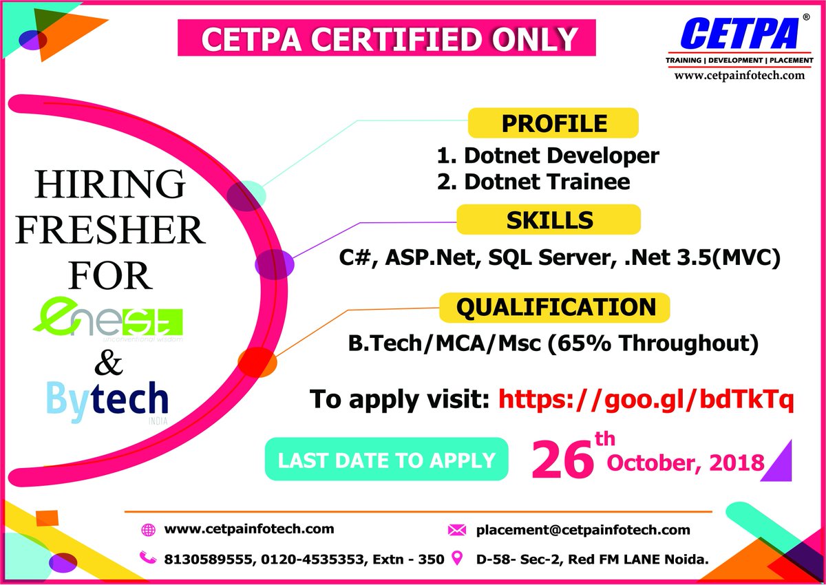 cetpainfo's tweet image. Another Excellent opportunity for #CETPA certified students.
Company: eNest Technologies Pvt Ltd And ByTech
Profile1: DotNet_Engineer Trainee
Profile2: DotNet_Development
Apply by clicking at:- goo.gl/bdTkTq
#DotNet_Developer#DotNet_Trainee #placement #Careers #Jobs