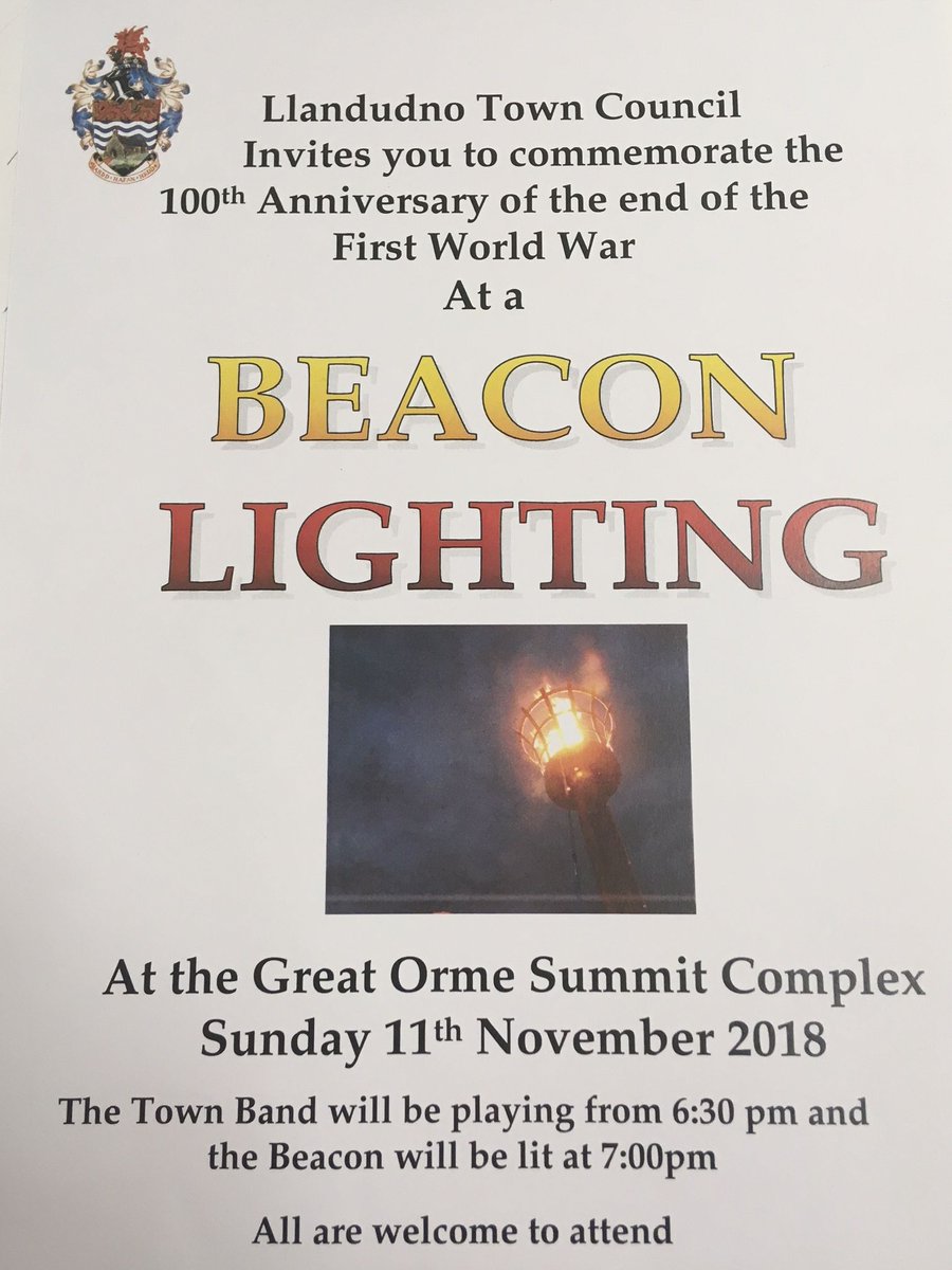 summitcomplex's tweet image. 11 November! Beacon lighting 7.00pm, Town Band 6.30pm at The Summit Complex. Open till 8pm (dependent on weather) 
We hope to see you all there for a great evening! 
 #beacon #beaconlighting #100thanniversary #firstworldwar #100years  #greatorme #summitcomplex #llandudno