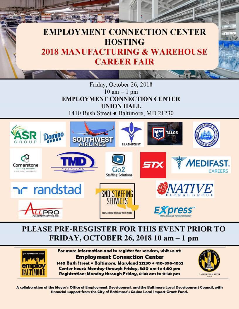 AntonioHayes40's tweet photo. Do you know anyone looking for employment? Especially in Southwest Baltimore? With the support of funds from gaming revenue the @BaltMOED Employment Connection Center 2018 Manufacturing and Warehouse Career Fair has opportunities https://t.co/DfhUsVRN9R