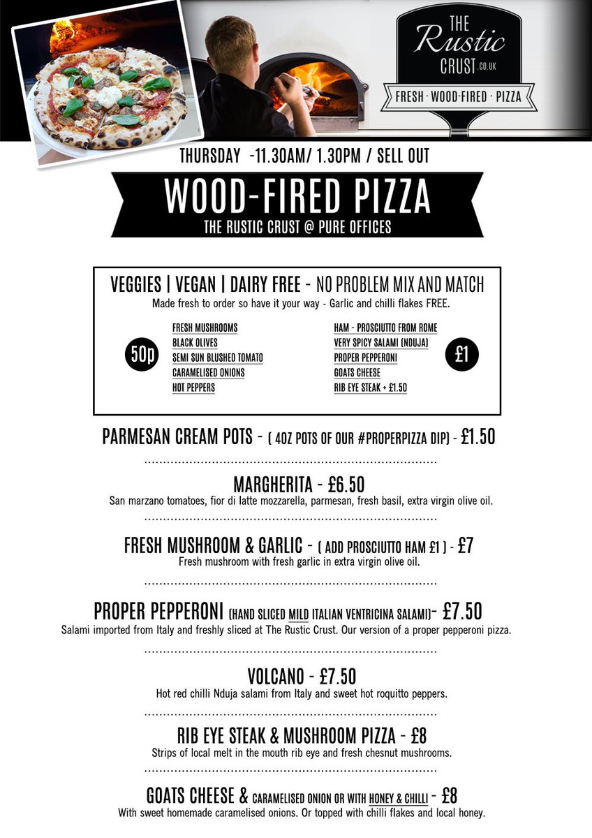 TheRusticCrust's tweet photo. #properpizza menu for the outside @PureOffices in Annesley. Open to all next to the @MourHotelNotts. Serving 11.30-1.30pm..bringing lots of #parmesancream https://t.co/B42jMEQSld