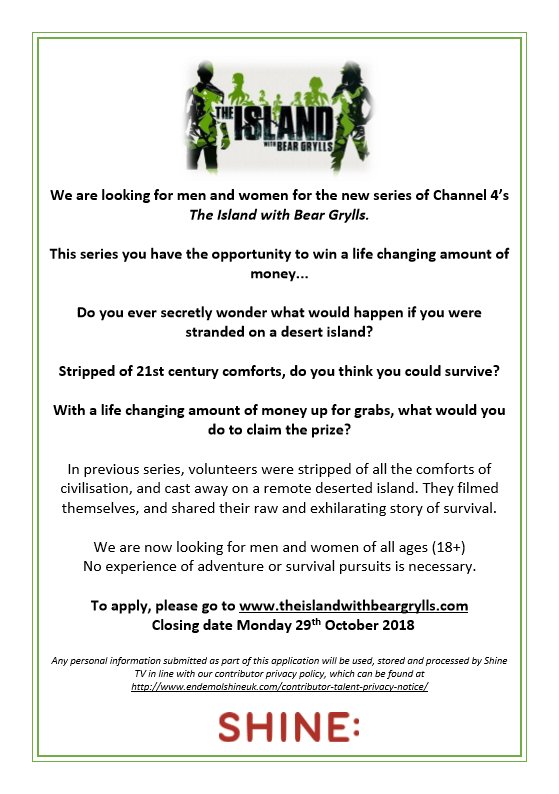 IslandCasting's tweet photo. The application deadline has been extended to Monday 29th October 🙂

Remember, this series there's a life-changing cash prize involved...what would you do with the money?

To apply, please go to https://t.co/qFFXqqSJky !

#theislandwithbeargrylls #c4 #challenge #prize #money https://t.co/ZyQyxZDuUg