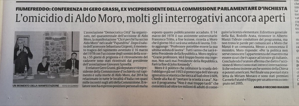 gio79spinella's tweet photo. Il quotidiano "La Sicilia" del 24/10 parla della conferenza "Chi e perché ha ucciso Aldo Moro" tenutasi a Fiumefreddo di Sicilia alla presenza di @gero_grassi https://t.co/cUZXuZAFR3