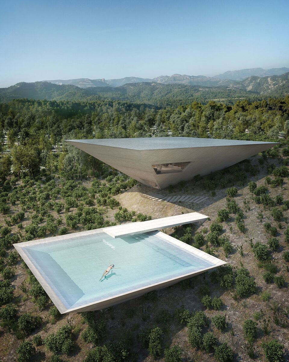 dezeen's tweet image. TNA's dream holiday home is an upside-down concrete pyramid on.dezeen.com/PZGiVv