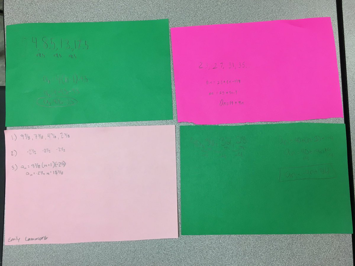 FZEMrsBono's tweet photo. In Algebra 1 yesterday we created Arithmetic Sequences! I challenged my students to come up with some tricky ones..can you figure them out? #algebraONE https://t.co/QAXsnl6tFH