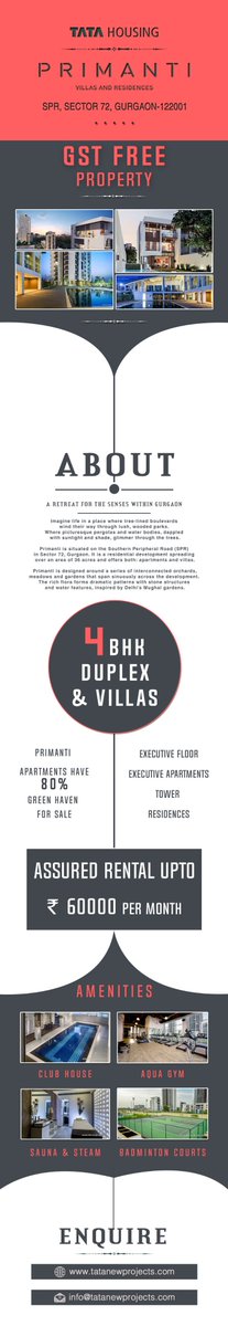 #TataPrimantiGurgaon Primanti Gurgaon Sector 72, Gurgaon Offering 3/4/5 BHK Apartments and Penthouses to make you feel you extremely classy and amenities like pool, gym, Sauna, Steam make your life convenient. Read More:- bit.ly/1MZpm9V