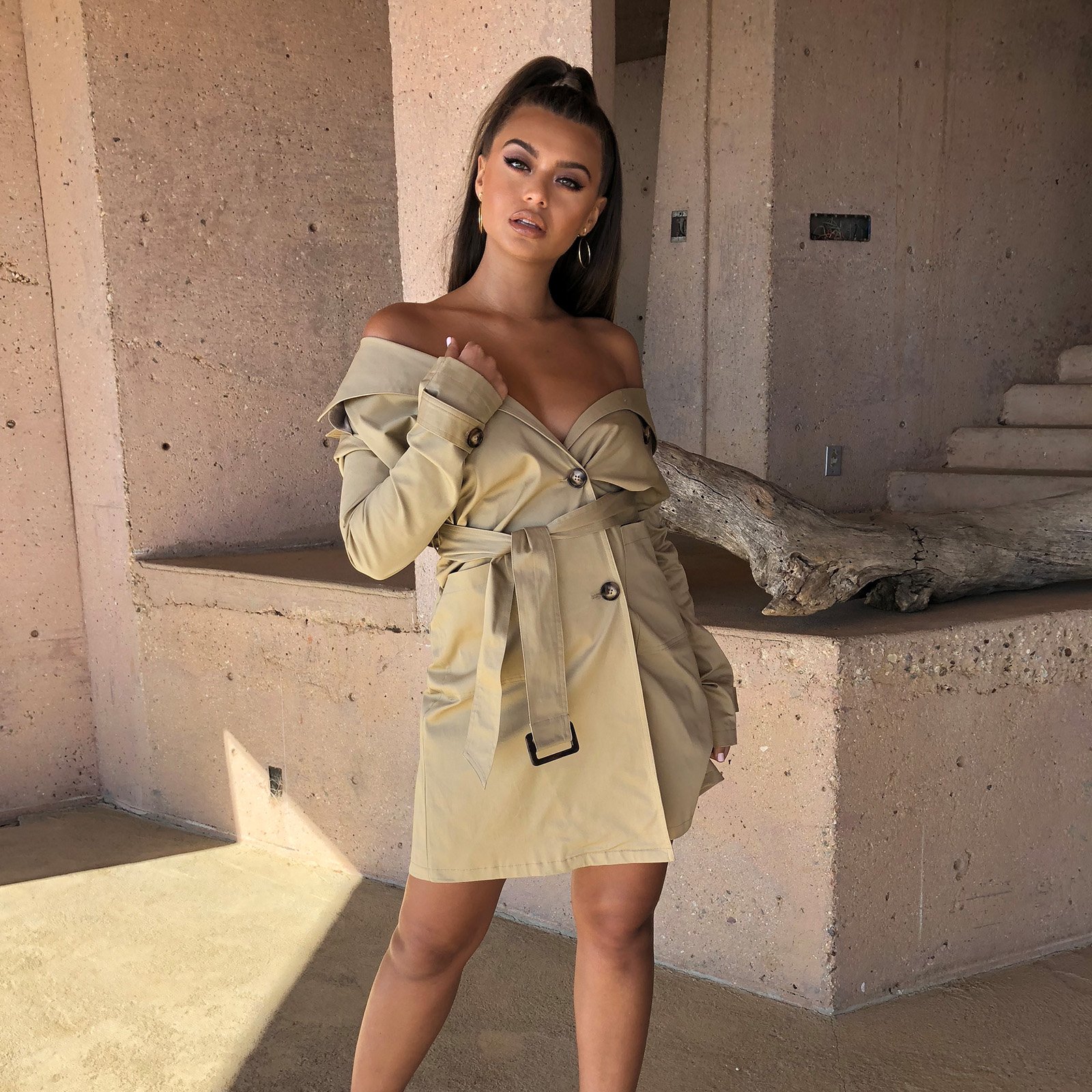 Trench coat dress shop off the shoulder