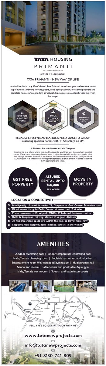 #TataPrimantiGurgaonSector72 delivers you 5 level 4 bedrooms villas, 3 storey executive luxury duplex floors, Executive apartments in 4BHK &amp; Penthouses configuration and 3&amp;4 BHK Apartments in Tower Residences which show the world, who you are. 
Read More:- bit.ly/1MZpm9V