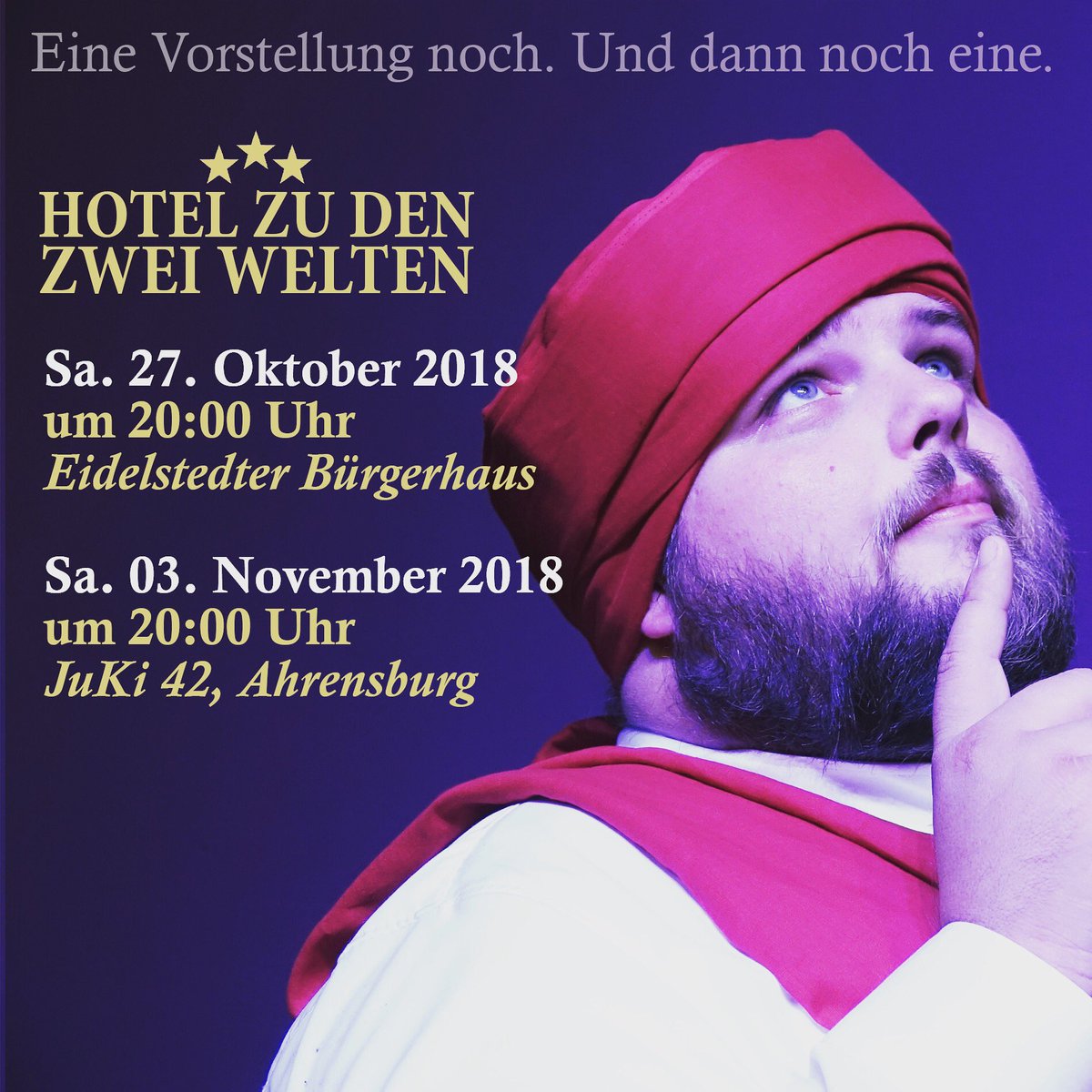 Unser Magier Radshapur hat nachgerechnet, wir haben noch zwei Vorstellungen in diesem Jahr. Und - kaum zu glauben - es gibt noch Karten. Auf gehts!

#theater #ahrensburg #eidelstedt #theatermimus #hotelzudenzweiwelten #esgibtnochkarten #schauspiel #hamburg