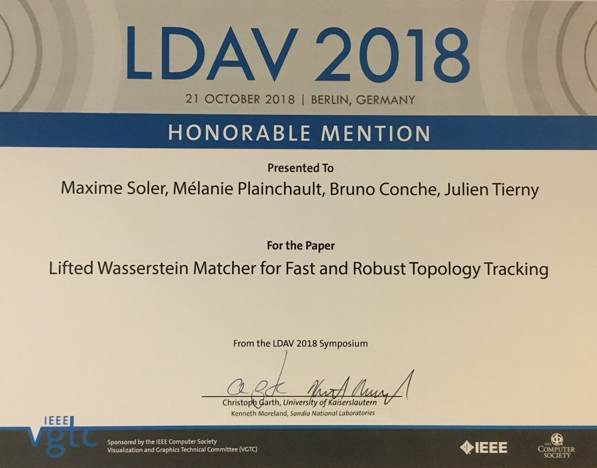 JulienTierny's tweet image. Maxime Soler got an honorable mention award at #ldav 2018 for our paper on #OptimalTransport and #TopologicalDataAnalysis for feature tracking. Available in the #TopologyToolKit ! Congrats Maxime  @ieeevis