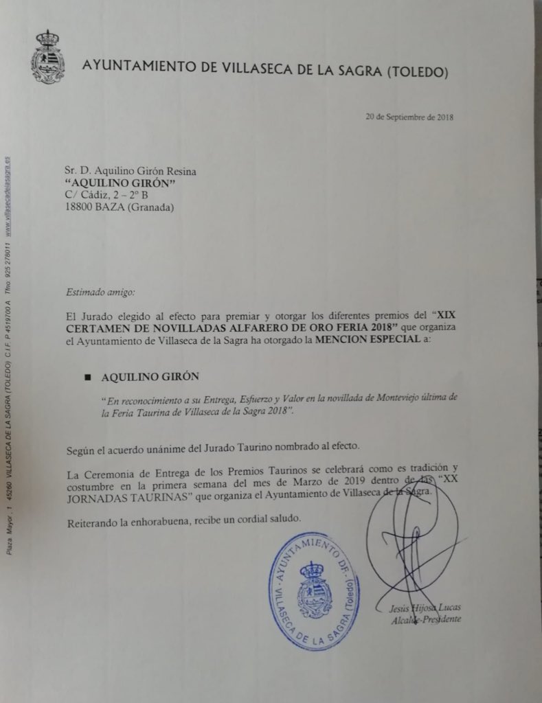 🏆 Aquilino Girón recibirá el próximo mes da marzo el trofeo en reconocimiento a su entrega, su esfuerzo y Valor en la novillada de Monteviejo en la feria Taurina de Villaseca de la Sagra 2018. <a href="/Villasecatoros/">Villaseca dela Sagra</a>