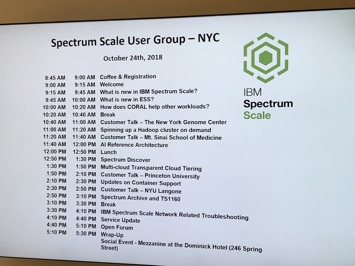 John_Sing's tweet image. #SpectrumScale User Group meeting agenda 9-5 today at @nygenome New York Genome 10/24 in lower Manhattan.  Walk-in registration still avail. 125+ registrants so far.