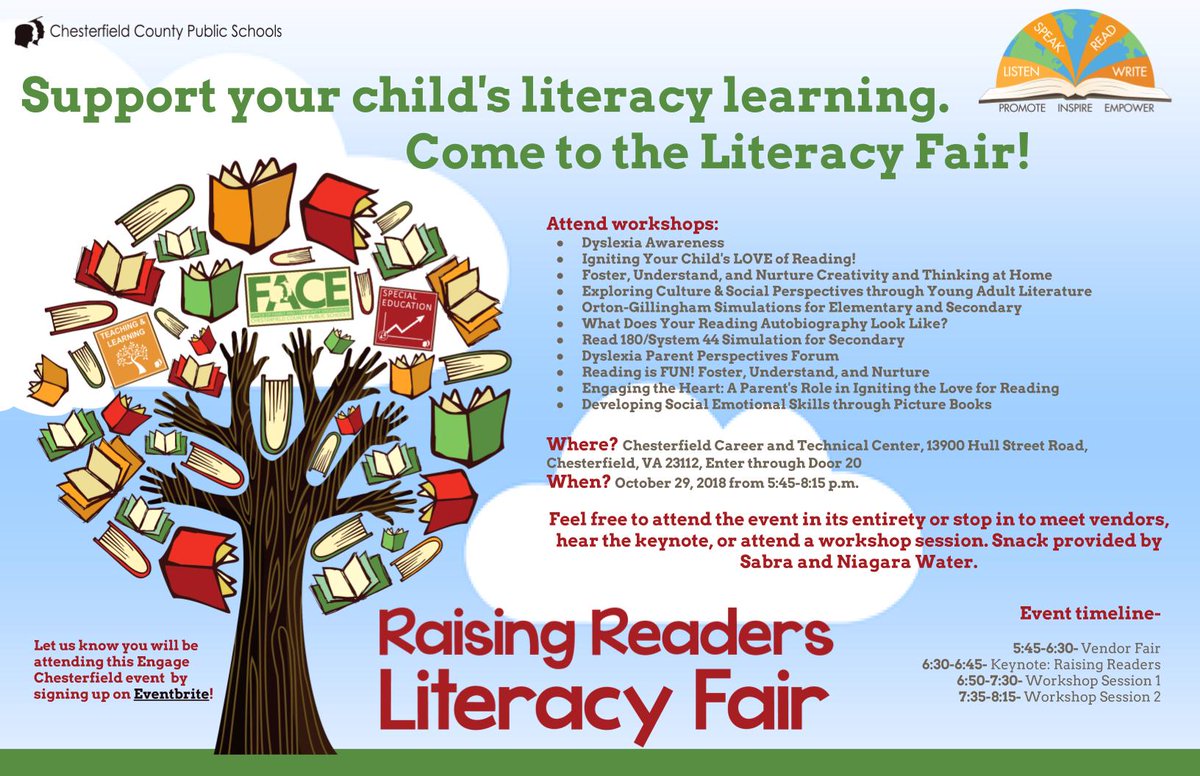 Help us grow great readers!
Join us for our first-ever Literacy Fair on Oct. 29, part of the Engage Chesterfield series that provides families with access to resources to support learning.
Register now at 
eventbrite.com/e/literacy-fai…