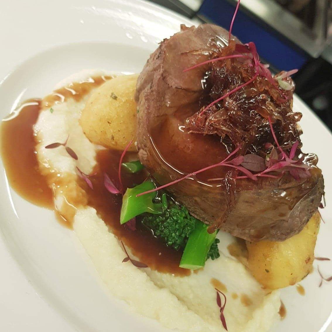This is our beautiful Venison Loin served with Shallot Marmalade, Salt Baked Celeriac Puree, Chateau Potato and Broccoli.