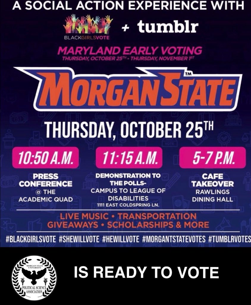 nyhighfigure's tweet photo. The Political Science Association is excited to announce that we will be partaking in the Social Action Experience with Black Girls Vote and Tumblr! Join us as we kick off Early Voting at 10:50 in the Academic quad.
#Shewillvote #HeWillVote #Tumblrvotes https://t.co/uz0uPVCayO