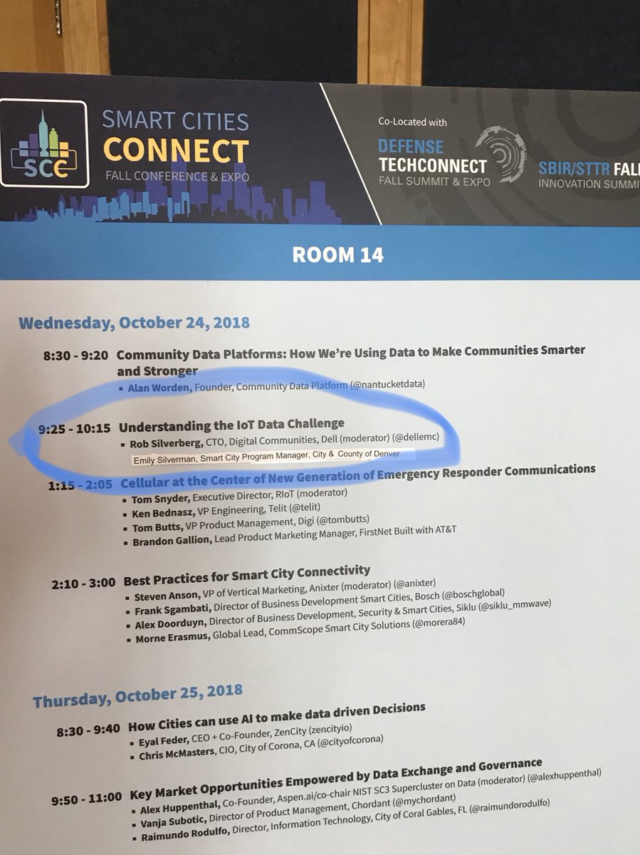 Preparing for our next session. “Understanding the IoT Data Challenge.” 9:25AM today, Room 14. Speakers: DellEMC CTO <a href="/RobSilverberg1/">Rob Silverberg</a> with <a href="/CityofDenver/">City and County of Denver</a> Smart City Manager Emily Silverman. #scc18 @DellEMCslg